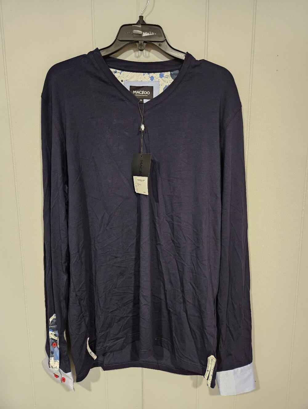 NWT Maceoo Edison V-Neck Men’s 4/L Contrast Flip Cuff Long Sleeve Blue Shirt